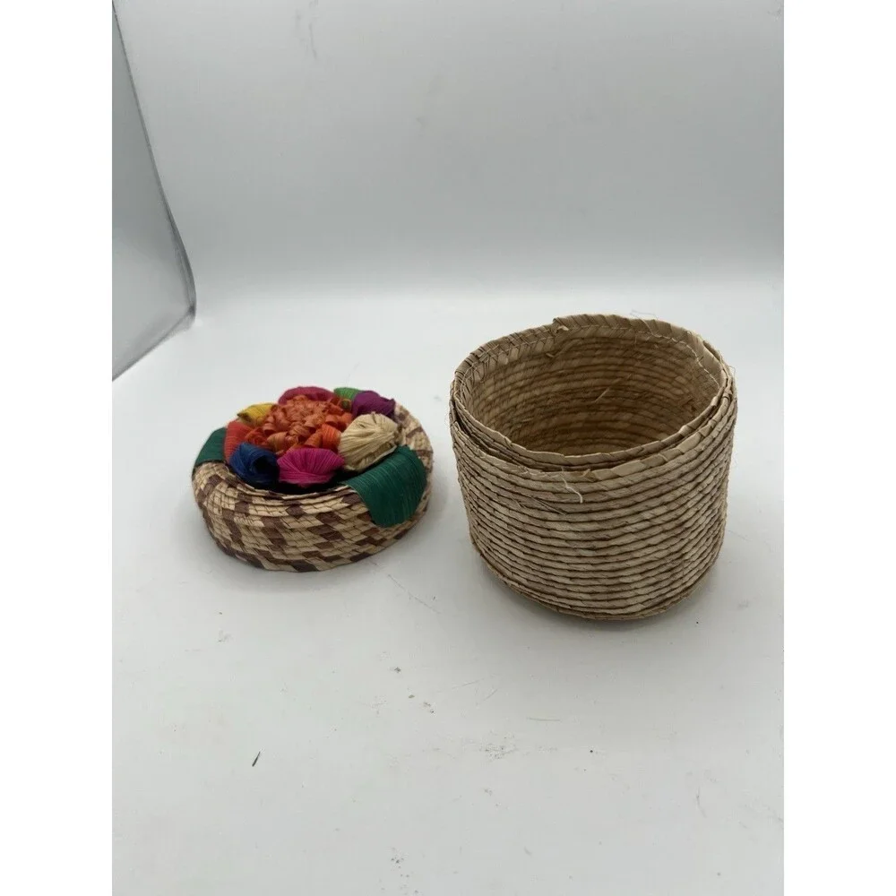 Mexican Tenate Woven Basket Trinket Box Raffia Flower Lid 4.5” Folk Art